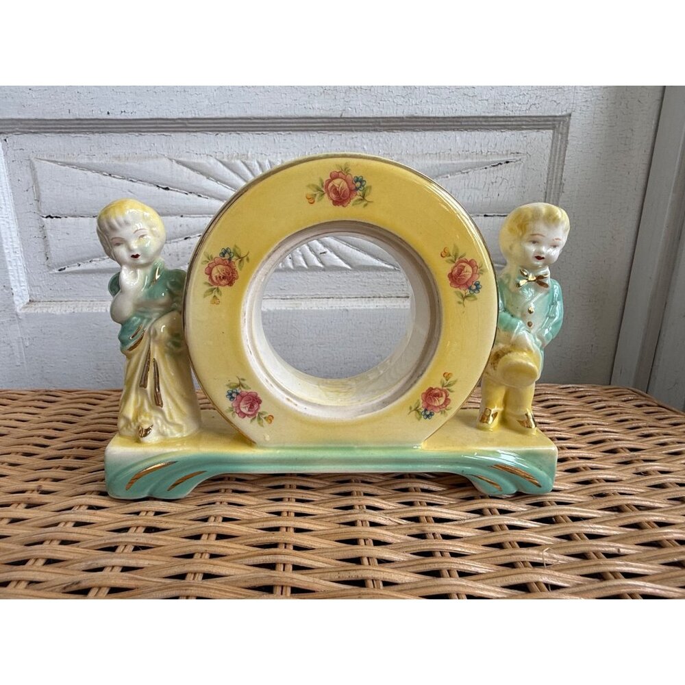 Antique 30s Porcelain Clock Case Frame Boy Girl on ends Roses Green Yellow